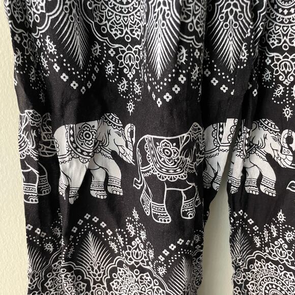 Bamboo House Black & White Drawstring Elephant & Paisley Print Harem Pants - Picture 9 of 10